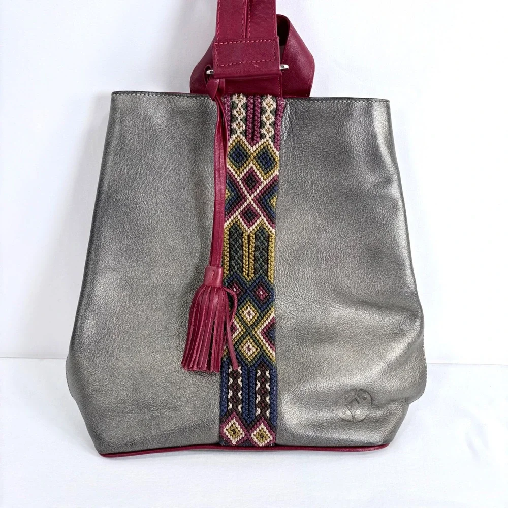 Cristina Orozco Metallic Pewter Leather Embroidered Backpack Burgundy Tassel